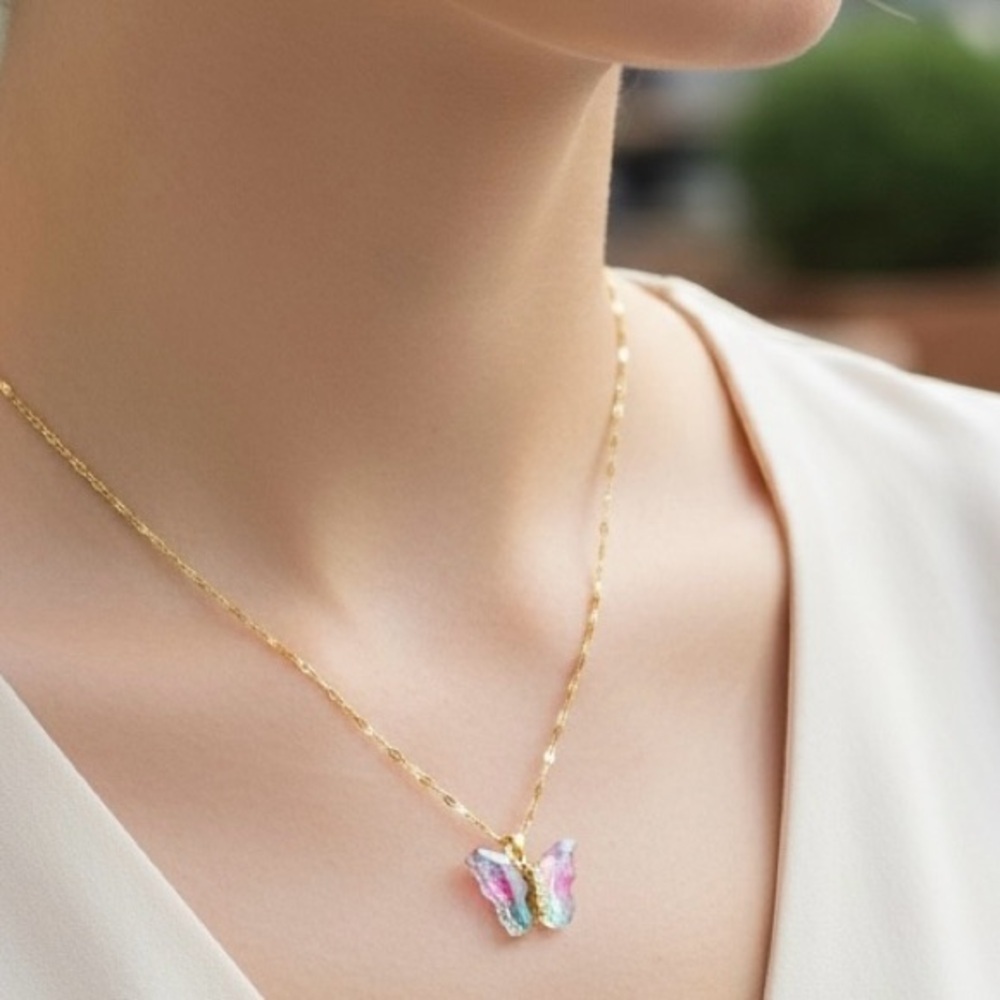 Butterfly Pink Green Gold Plated Necklace - Picture 4 of 13